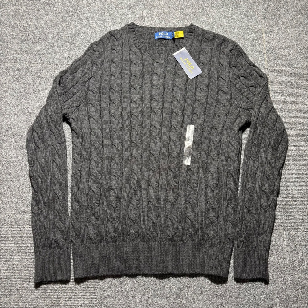 NWT Polo Ralph Lauren Mens Cable Knit Cotton Crewneck Sweater Black Medium